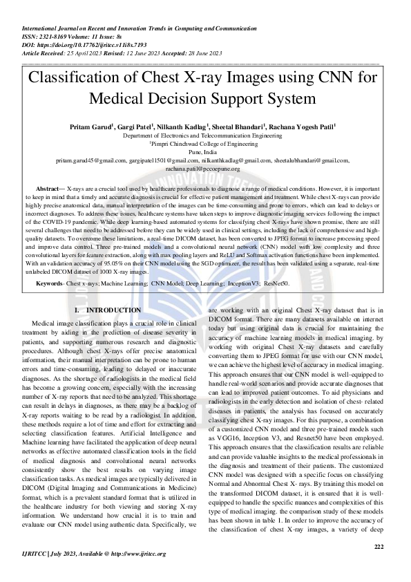 (PDF) Classification of Chest X-ray Images using CNN for Medical ...