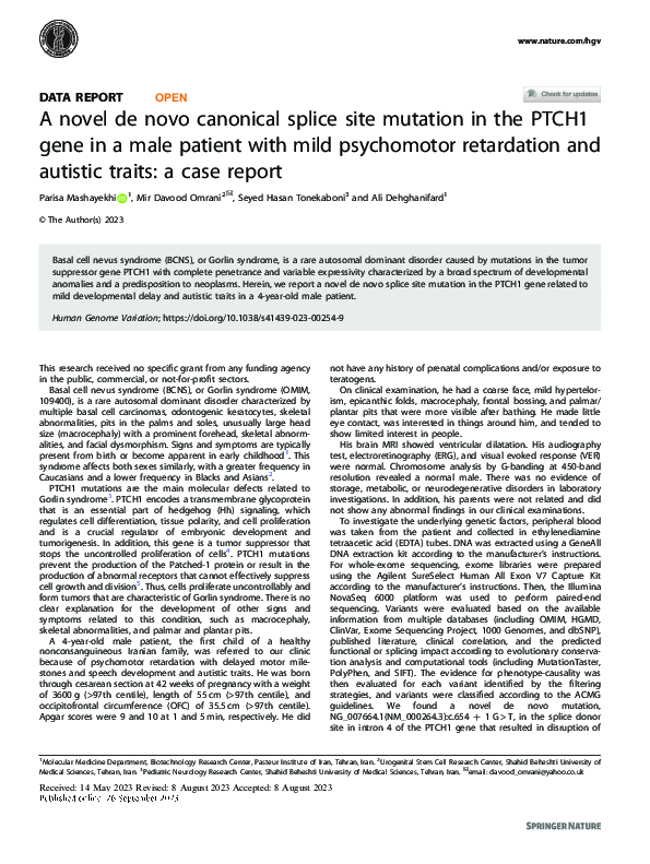 (PDF) A novel de novo canonical splice site mutation in the PTCH1 gene ...