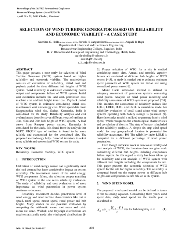 (PDF) Selection of Wind Turbine Generator based on Reliability and ...