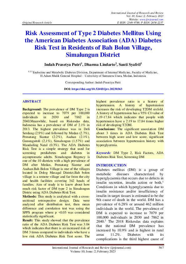  pdf risk assessment of type 2 diabetes mellitus using the american