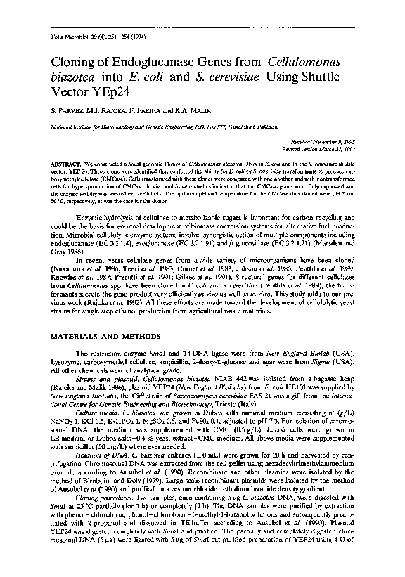 (PDF) Cloning of endoglucanase genes fromCellulomonas biazotea intoE ...