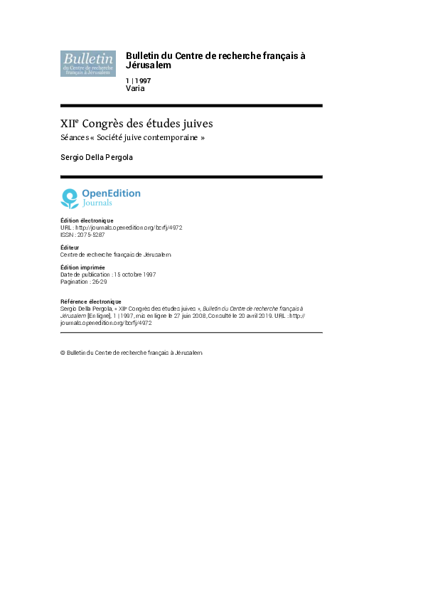 (PDF) XIIe Congrès des études juives. Séances « Société juive