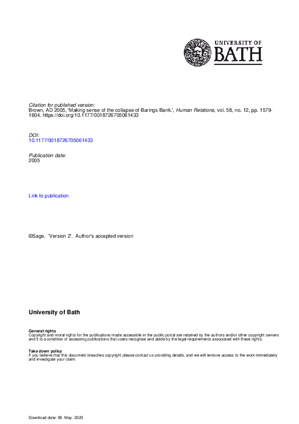 (PDF) Making sense of the collapse of Barings Bank Andrew Brown