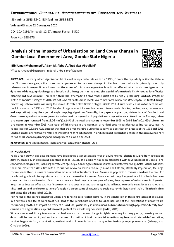 (PDF) Analysis of the Impacts of Urbanisation on Land Cover Change in