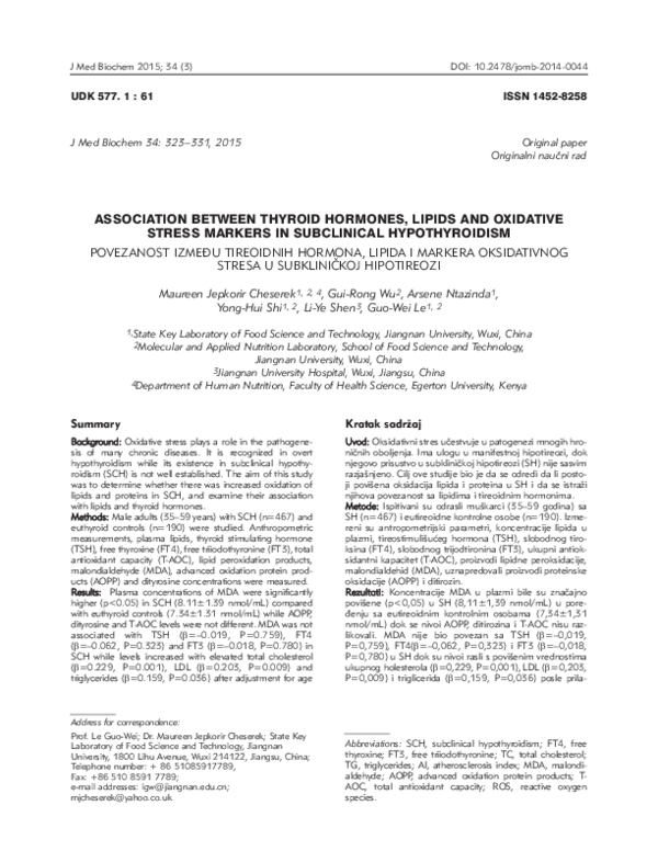 (PDF) Association Between Thyroid Hormones, Lipids and Oxidative Stress ...