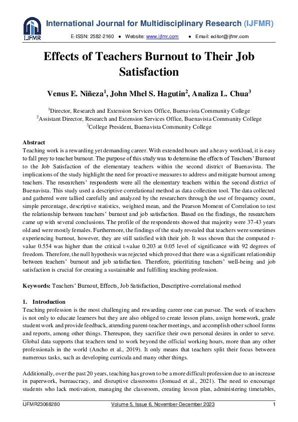 (PDF) Effects of Teachers’ Burnout to Their Job Satisfaction