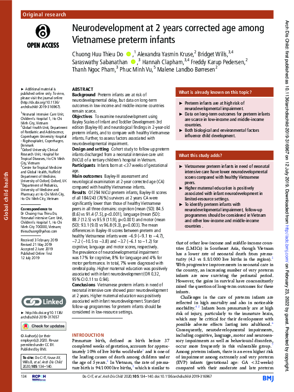 (PDF) Neurodevelopment at 2 years corrected age among Vietnamese ...