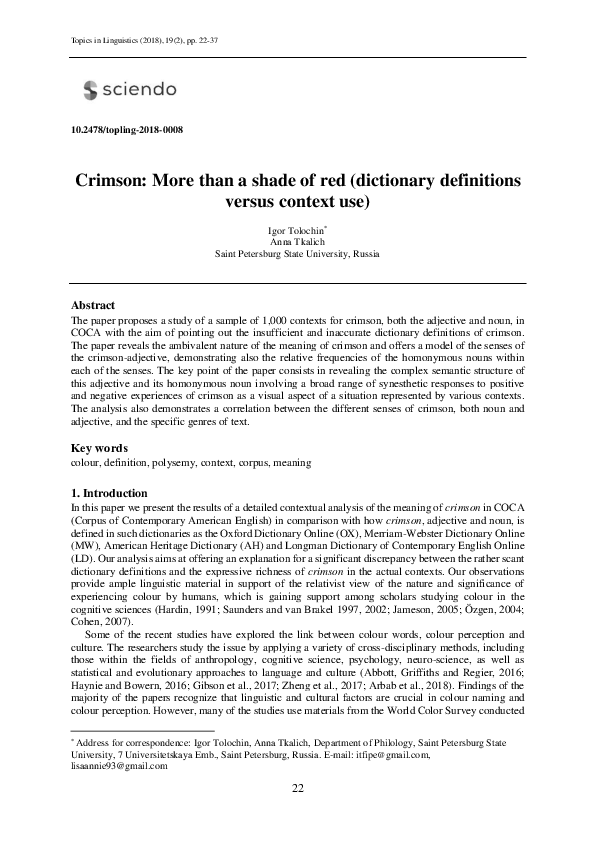 (PDF) Crimson: More than a shade of red (dictionary definitions versus ...