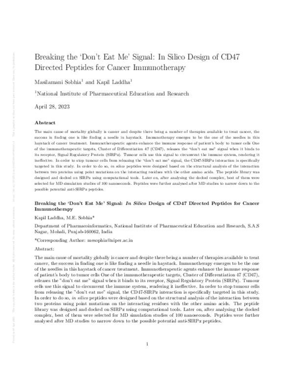 (PDF) Breaking the ‘Don’t Eat Me’ Signal: In Silico Design of CD47 ...