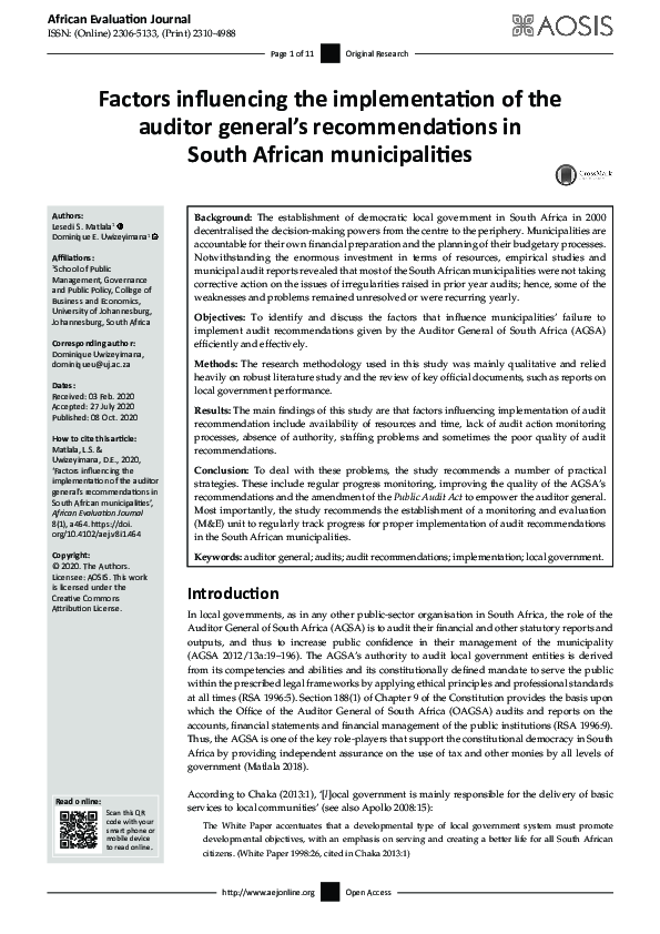 (PDF) Factors influencing the implementation of the auditor general’s ...