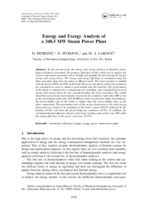 (PDF) Energy and Exergy Analysis of a 348.5 MW Steam Power Plant