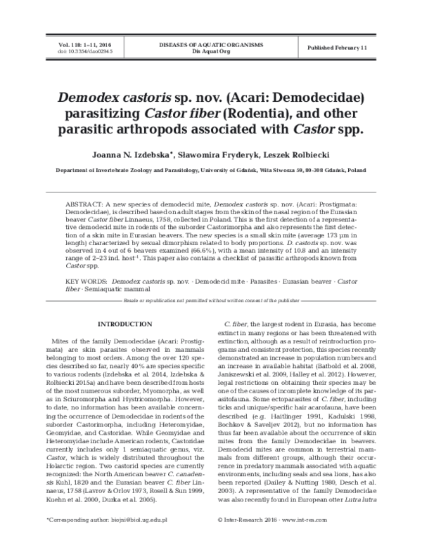 (PDF) Demodex castoris sp. nov. (Acari: Demodecidae) parasitizing ...