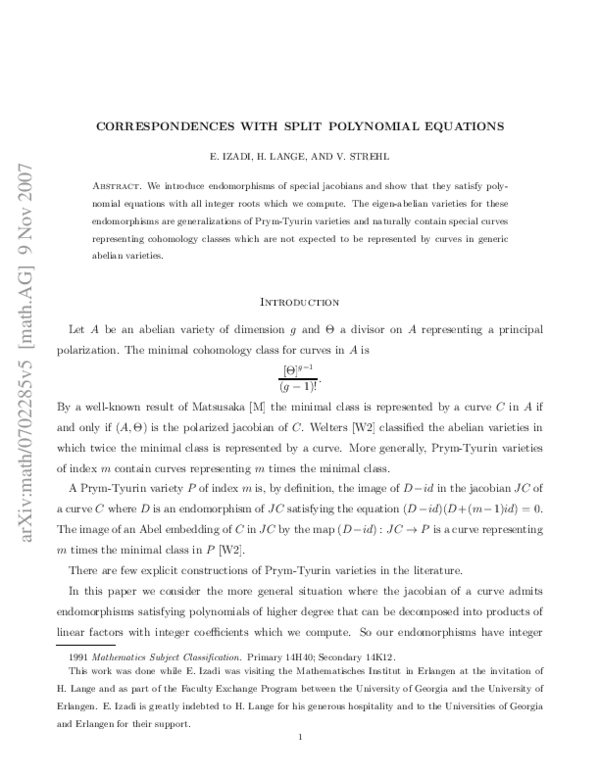 (PDF) Correspondences with split polynomial equations
