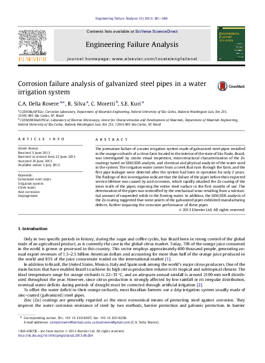 (PDF) Corrosion failure analysis of galvanized steel pipes in a water ...