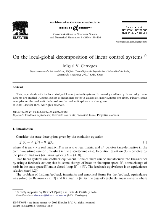 (PDF) On the local-global decomposition of linear control systems