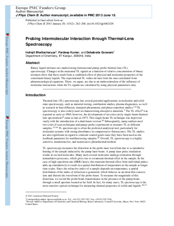 Pdf Probing Intermolecular Interaction Through Thermal Lens Spectroscopy