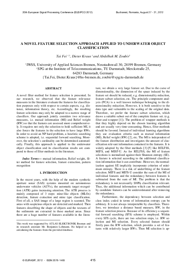 (PDF) A Novel Feature Selection Approach Applied To Underwater Object ...
