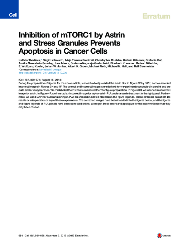 (PDF) Inhibition of mTORC1 by Astrin and Stress Granules Prevents ...