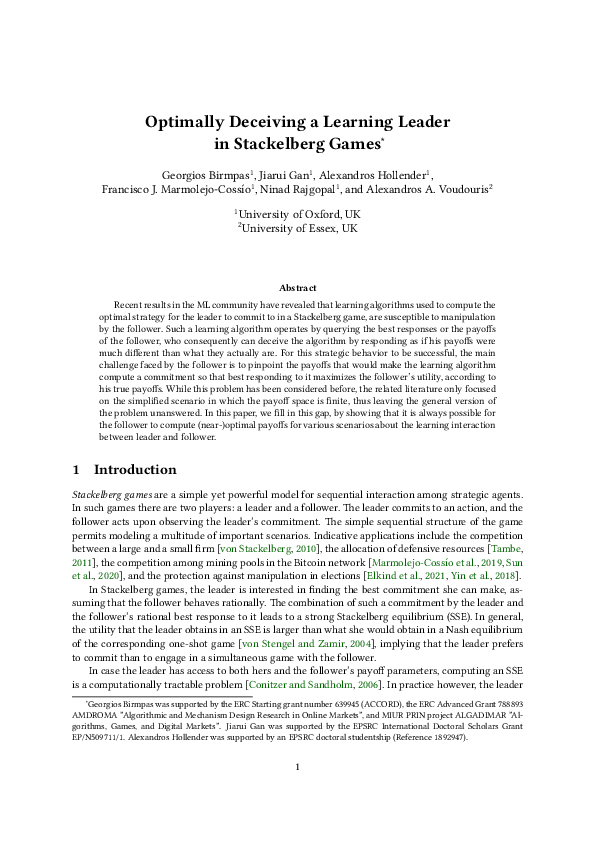 (PDF) Optimally Deceiving a Learning Leader in Stackelberg Games
