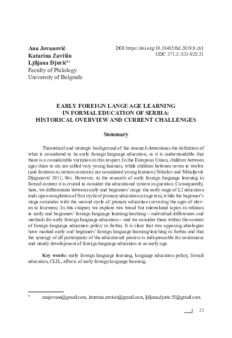 (PDF) Early Foreign Language Learning in Formal Education of Serbia ...