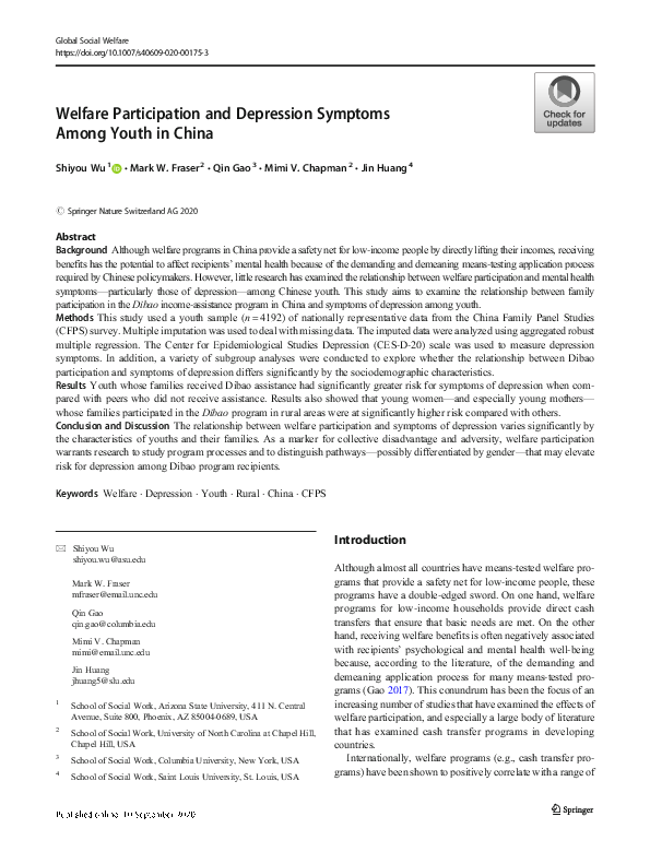 (PDF) Welfare Participation and Depression Symptoms Among Youth in China