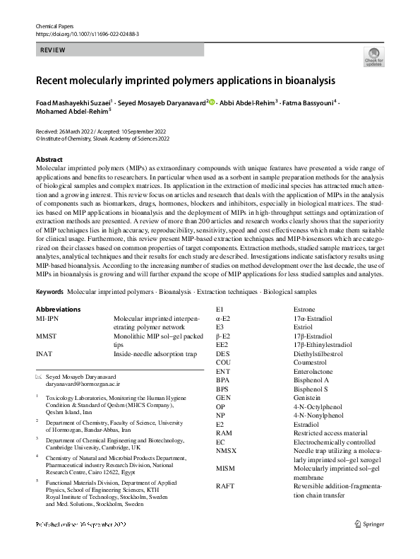 (PDF) Recent molecularly imprinted polymers applications in bioanalysis