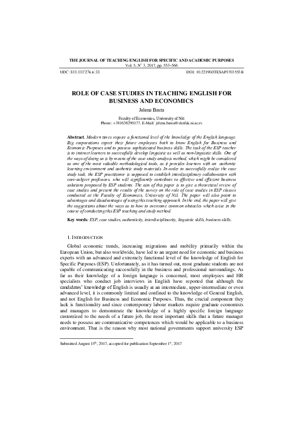(PDF) Role of Case Studies in Teaching English for Business and Economics