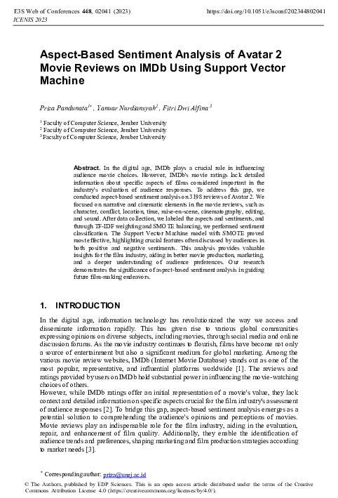 (PDF) Aspect-Based Sentiment Analysis of Avatar 2 Movie Reviews on IMDb ...