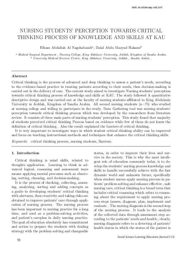 (PDF) Nursing Students’ Perception Towards Critical Thinking Process Of ...