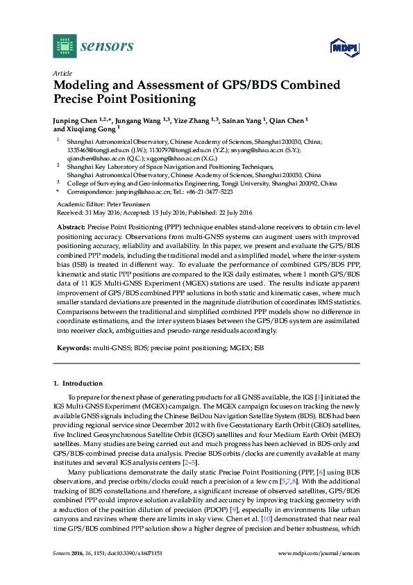 (PDF) Modeling and Assessment of GPS/BDS Combined Precise Point Positioning