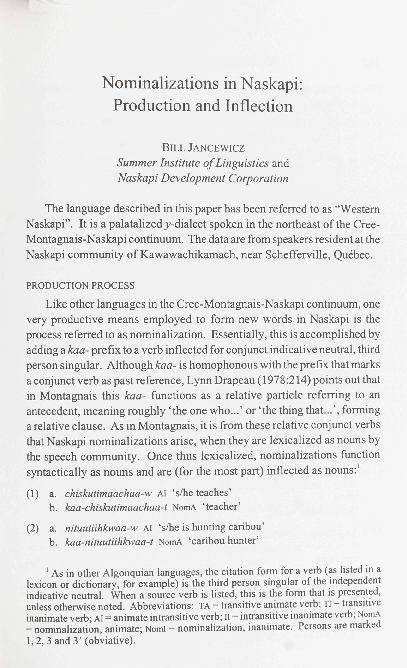 (PDF) Nominalizations in Naskapi: Production and Inflection