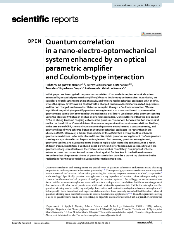 (PDF) Quantum correlation in a nano-electro-optomechanical system ...