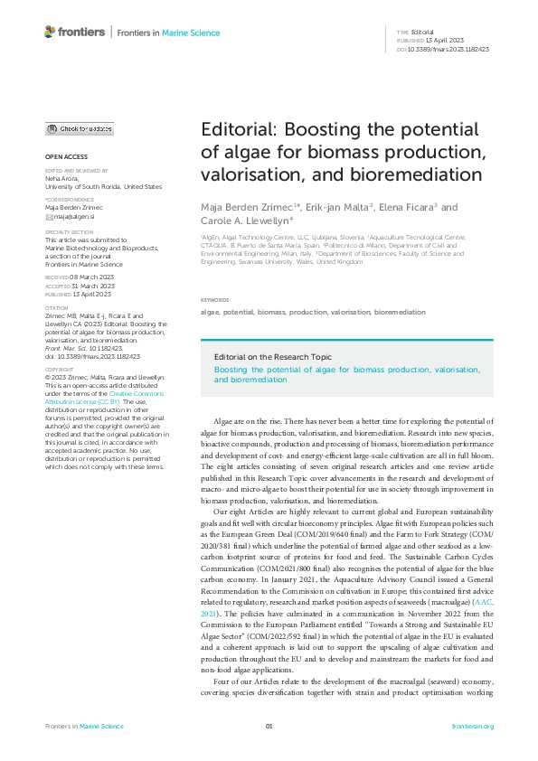 (PDF) Editorial: Boosting the potential of algae for biomass production ...
