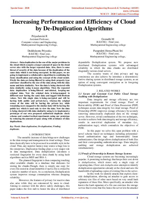 (PDF) Increasing Performance and Efficiency of Cloud by De-Duplication ...