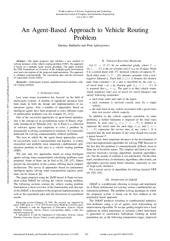 (PDF) An Agent-Based Approach To Vehicle Routing Problem