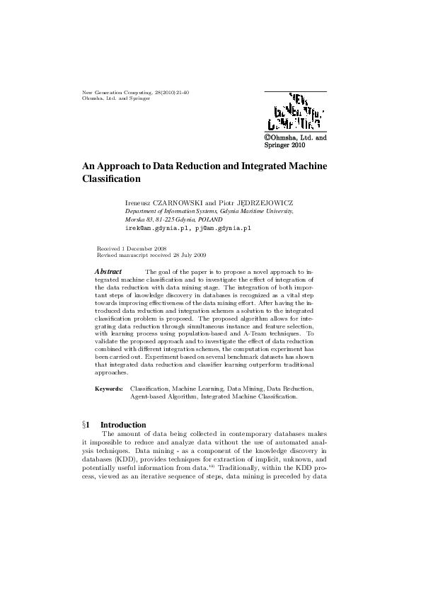 (PDF) An Approach to Data Reduction and Integrated Machine Classification