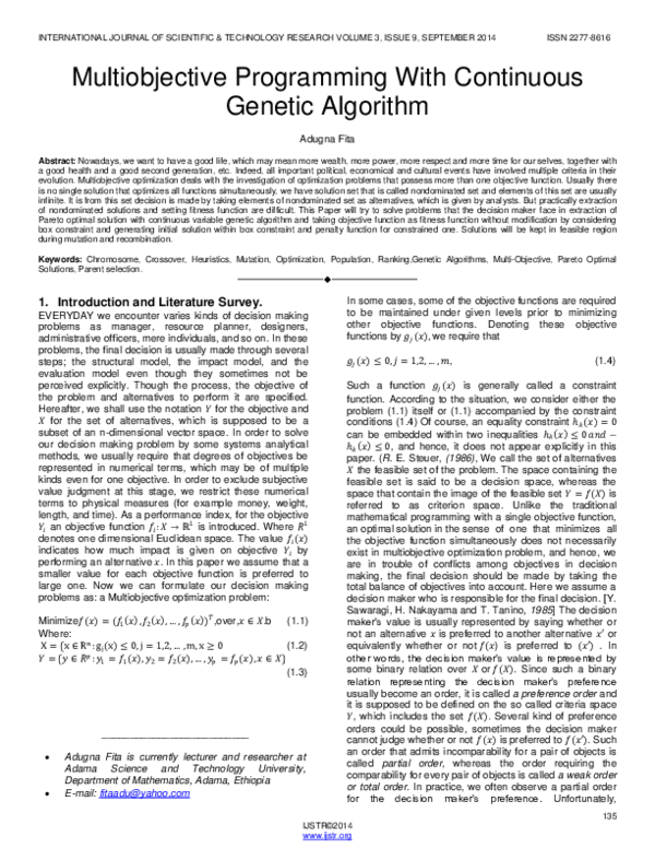 (PDF) Multiobjective Programming With Continuous Genetic Algorithm