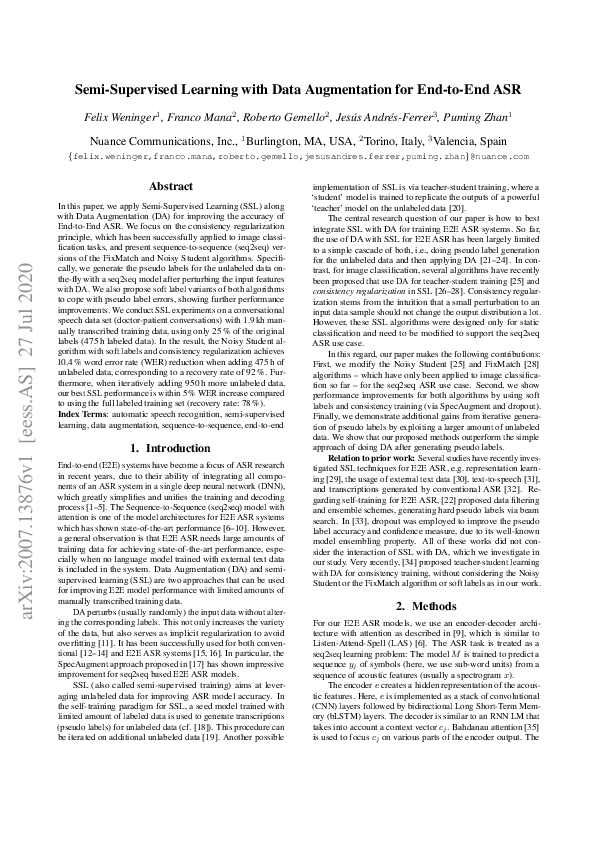 (PDF) Semi-Supervised Learning with Data Augmentation for End-to-End ASR