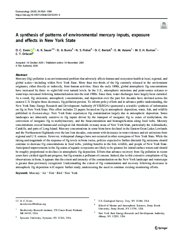 A synthesis of patterns of environmental mercury inputs, exposure and effects in New York State