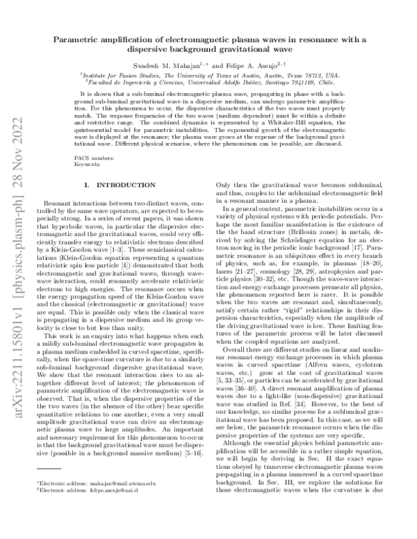 (PDF) Parametric amplification of electromagnetic plasma waves in ...