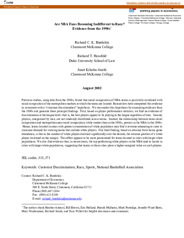 (PDF) Are NBA Fans Becoming Indifferent to Race? Evidence from the 1990s
