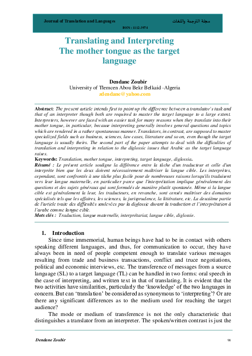 (PDF) Translating and Interpreting The mother tongue as the target language