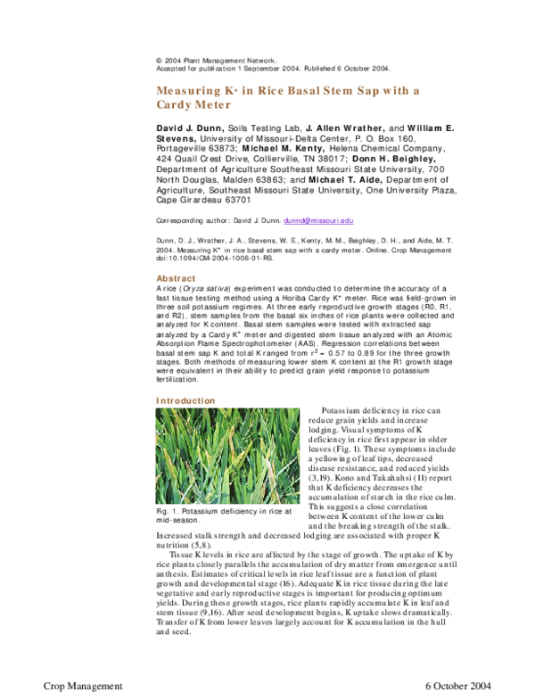 (PDF) Measuring K in Rice Basal Stem Sap with a Cardy Meter