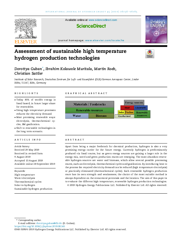 (PDF) Assessment of sustainable high temperature hydrogen production ...