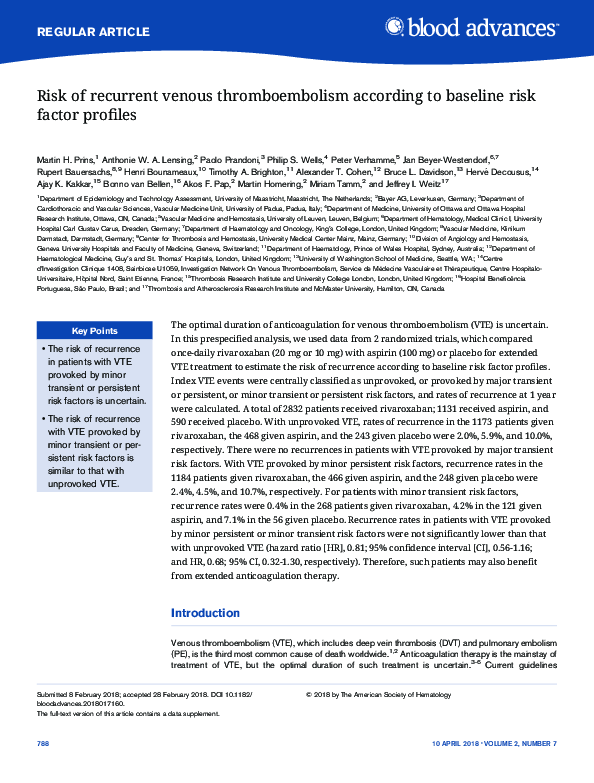 (PDF) Risk of recurrent venous thromboembolism according to baseline ...