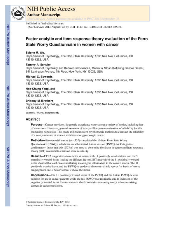 (PDF) Factor analytic and item response theory evaluation of the Penn ...