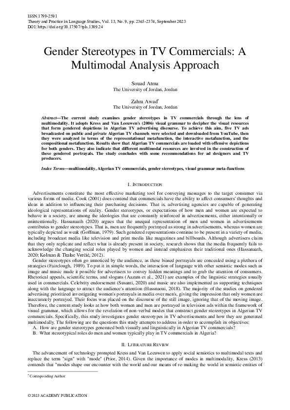 (PDF) Gender Stereotypes in TV Commercials: A Multimodal Analysis Approach