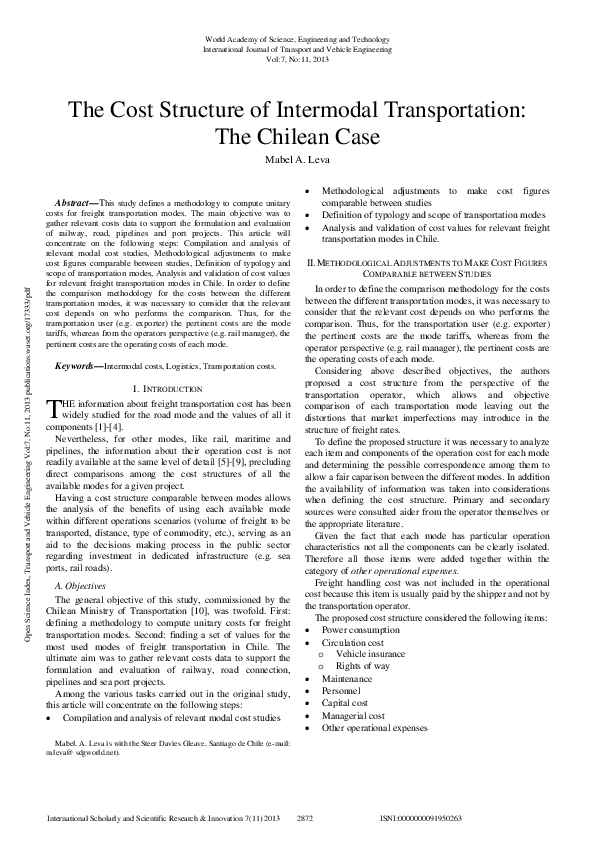 (PDF) The Cost Structure of Intermodal Transportation: The Chilean Case