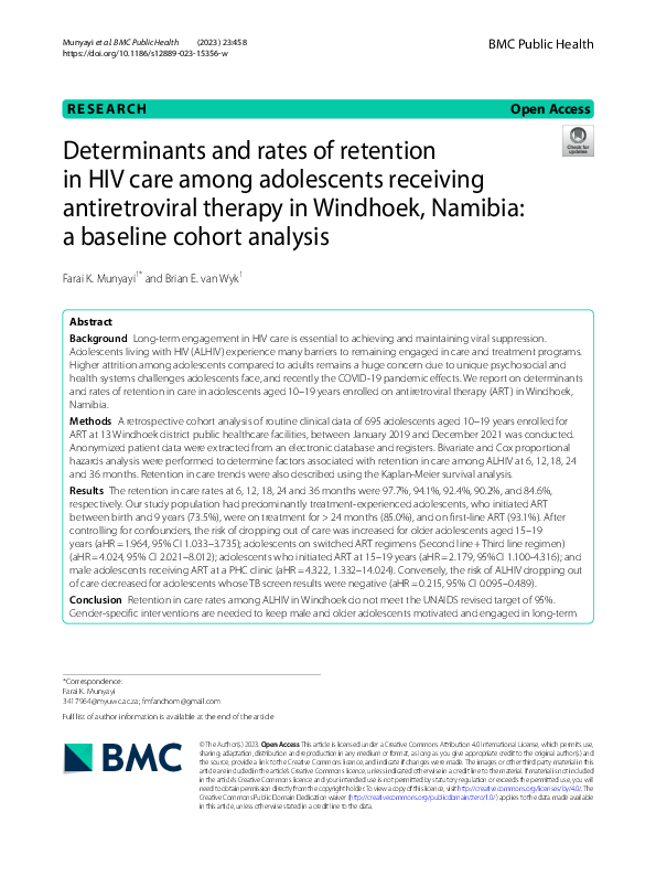 (PDF) Determinants and rates of retention in HIV care among adolescents ...