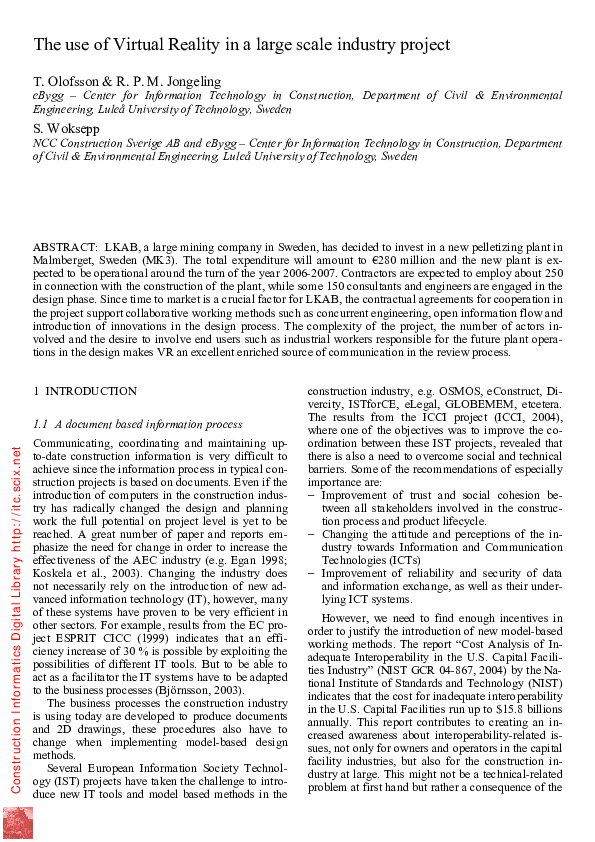 (PDF) The use of Virtual Reality in a large scale industry project